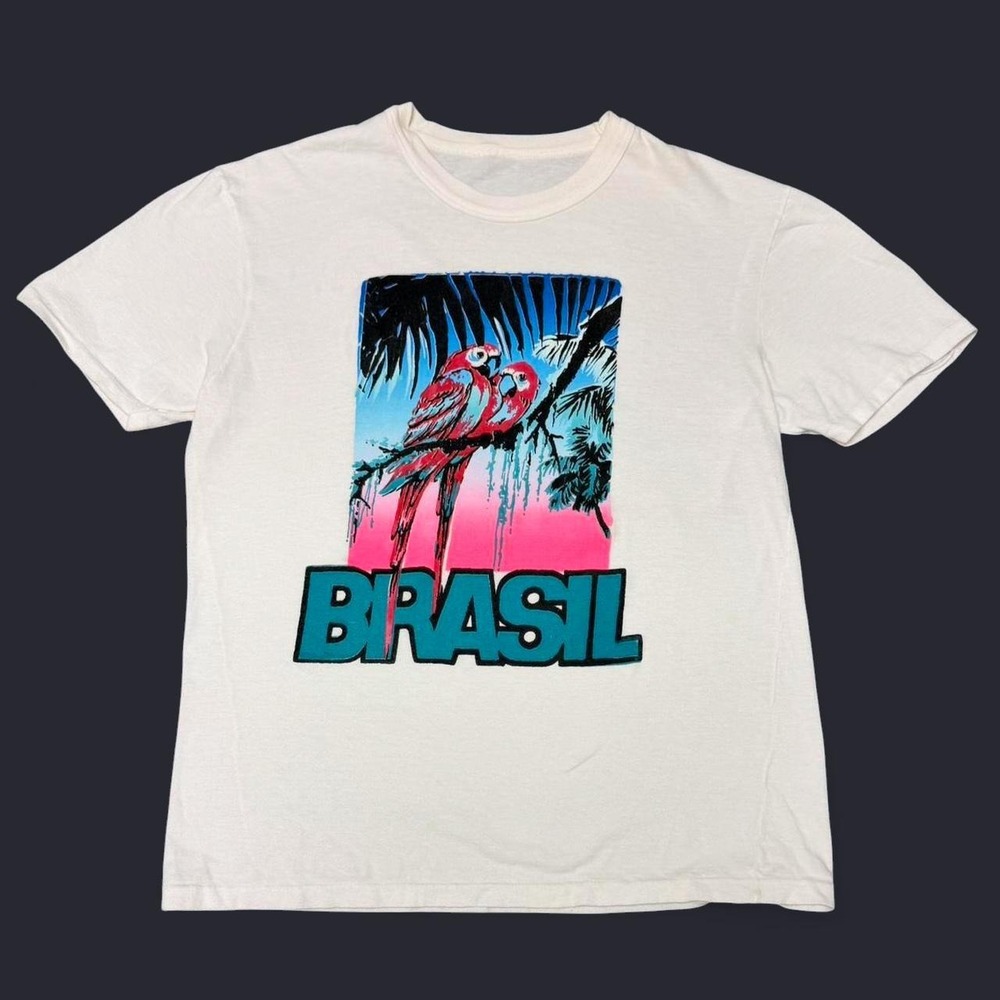 Vintage 1980s Brasil Parrot Graphic T-Shirt Cream Single Stitch Mens Small